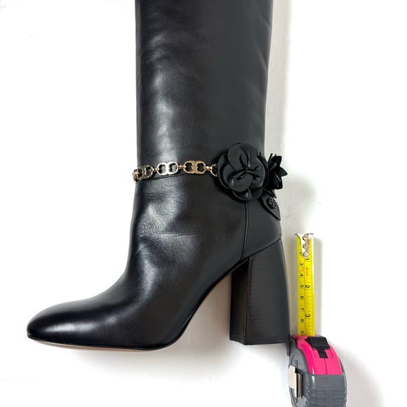 NEW Tory Burch Black Leather Blossom Boots Tall Gold Chain Flower Glam Sz 6 - Picture 10 of 14